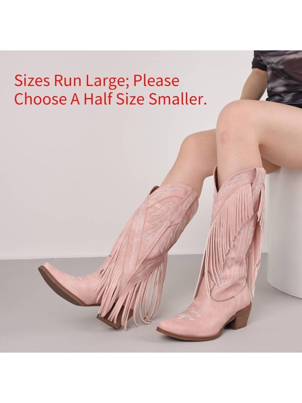 Women Pink Leather Pull On Block Chunky Suede Fringe Cowboy Pointed Toe Boot - Picture 6 of 6